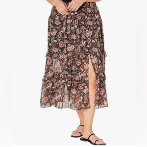 Madewell Black Ruffle Tiered Multicolor Floral Shimmer Midi Skirt Size XL boho